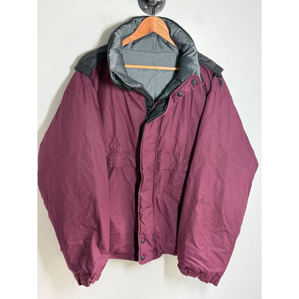 Woodlake Reversible Down Puffer Jacket Mens Large Burgundy Grey Hooded Coat